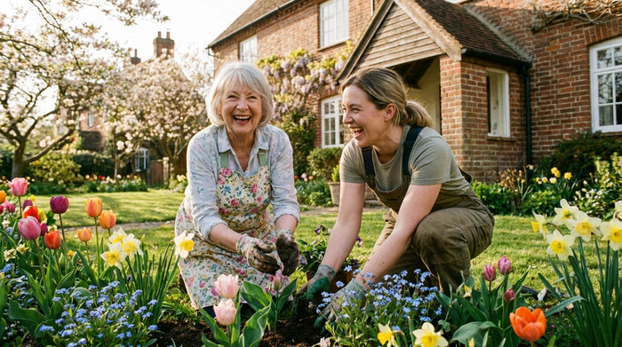 Zwei Frauen unterschiedlichen Alters gärtnern gemeinsam freudig an einem sonnigen Nachmittag in einem gepflegten Vorgarten. Frühlingshafte Stimmung, bunte Blumen, klare und realistische Fotografie.