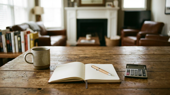 Eine Kaffeetasse, ein neutrales Notizbuch und ein Stift liegen auf einem Holztisch neben einem einfachen Taschenrechner. Im Hintergrund unscharf ein gemütliches Wohnzimmer. Ruhige, organisierte Stimmung.
