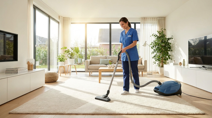 Eine Reinigungskraft saugt den Teppich in einem modernen, hellen Wohnzimmer. Fokus auf Sauberkeit und Ordnung, alltägliche Haushaltssituation, realistische Fotografie.