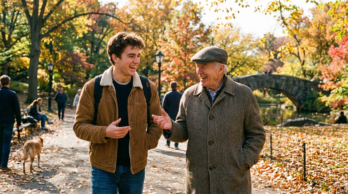Ein junger Mann und ein älterer Herr spazieren gemeinsam durch einen herbstlichen Park, unterhalten sich und lachen. Freundliche Interaktion, sonniger Tag, klare und realistische Darstellung.