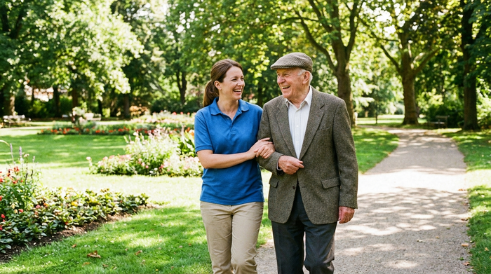 Eine Pflegekraft hilft einem älteren Herrn beim Spaziergang in einem grünen Park. Beide lächeln. Sonniges Wetter, gepflegte Natur im Hintergrund.