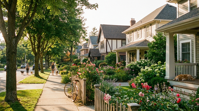 Ein Blick auf eine friedliche Wohnstraße in einem Vorort mit gepflegten Einfamilienhäusern und blühenden Vorgärten an einem sonnigen Nachmittag.