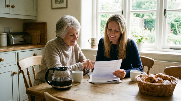 Eine ältere Frau sitzt mit ihrer erwachsenen Tochter am Küchentisch und betrachtet erleichtert einige Dokumente. Eine Kaffeekanne steht bereit, entspannte Stimmung.