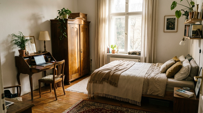 Ein gemütlich eingerichtetes Gästezimmer mit einem bequemen Bett, einem Kleiderschrank, einem kleinen Schreibtisch und einem Laptop. Helles Tageslicht fällt durch das Fenster.