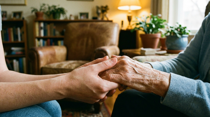 Eine Nahaufnahme von jungen Händen, die sanft und beruhigend die Hände einer älteren Person halten. Im Hintergrund leicht unscharf ein gemütliches Wohnzimmer.