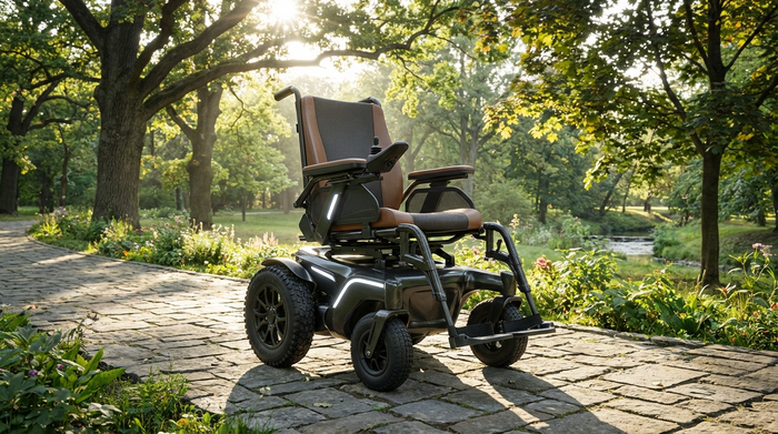 Ein moderner elektrischer Rollstuhl steht auf einem gepflasterten Weg in einem Park, umgeben von grünen Bäumen an einem sonnigen Tag. Klare, realistische Darstellung ohne Text.