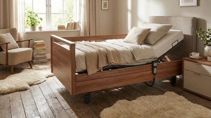 Ein komfortables, elektrisch höhenverstellbares Pflegebett in einem gemütlich eingerichteten Schlafzimmer mit Holzfußboden und warmem Sonnenlicht, das durchs Fenster fällt.