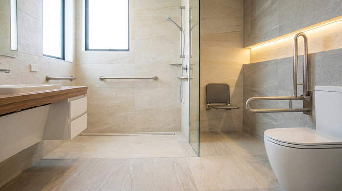 Ein modernes, barrierefreies Badezimmer mit einer bodengleichen Dusche, eleganten Haltegriffen und rutschfesten Fliesen in hellen, freundlichen Farben. Realistische Innenaufnahme ohne Text.