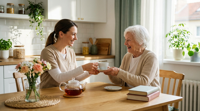 Eine sympathische Betreuungskraft reicht einer lächelnden Seniorin eine Tasse Tee am Küchentisch. Entspannte, harmonische Atmosphäre in einem hellen, aufgeräumten Zuhause.