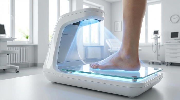 Ein moderner 3D-Fußscanner in einem hellen medizinischen Raum. Ein nackter Fuß steht auf einer beleuchteten Glasplatte, während sanftes blaues Licht die Konturen abtastet. Realistische, saubere Umgebung ohne Text.