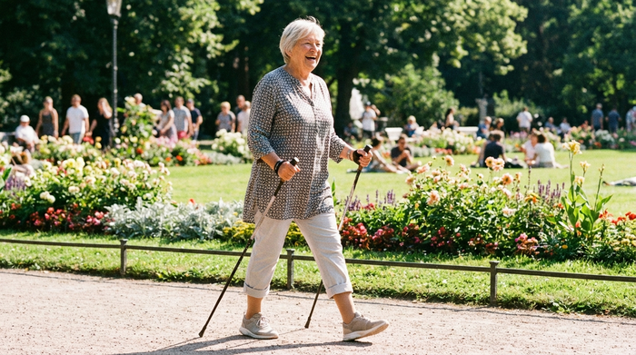 Eine aktive Seniorin spaziert entspannt und schmerzfrei durch einen sonnigen Park. Sie trägt bequeme, modische Kleidung und unauffällige, gut sitzende Kompressionsstrümpfe. Lebendige, fröhliche Stimmung an einem schönen Sommertag.