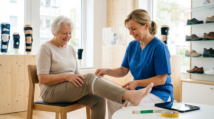 Eine medizinische Fachkraft vermisst behutsam mit einem flexiblen Maßband das Bein einer sitzenden Patientin. Helle, freundliche Umgebung in einem Sanitätshaus, fokussierte und professionelle Stimmung, realistische Szene.