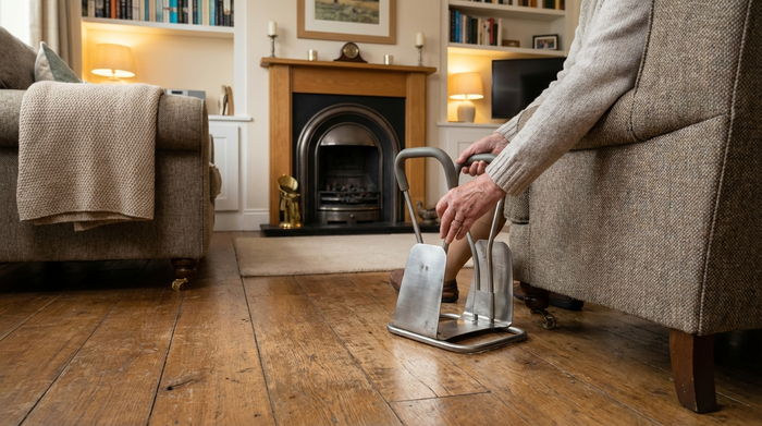 Ein praktischer Kompressionsstrumpf-Butler aus Metall auf einem Holzboden neben einem bequemen Sessel. Ein ordentliches, gemütliches Wohnzimmer im Hintergrund. Realistische Darstellung einer nützlichen Alltagshilfe für Senioren.