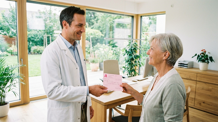 Ein Arzt im weißen Kittel überreicht einer älteren Patientin in einem modernen, hellen Sprechzimmer ein rosa Rezeptformular.