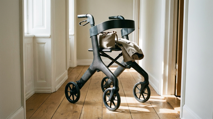 Eine moderne, ultraleichte Carbon-Rollator-Gehhilfe steht in einem hellen Flur auf einem Holzboden, bereit für einen Spaziergang.