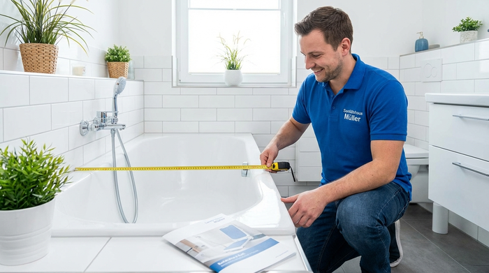 Ein freundlicher Sanitätshaus-Mitarbeiter kniet in einem sauberen Badezimmer und misst den Platz für einen Badewannenlift aus.