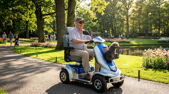 Ein rüstiger Senior fährt an einem sonnigen Tag mit einem modernen Elektromobil durch eine gepflegte Parkanlage.