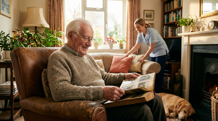 Ein älterer Herr betrachtet entspannt ein Fotoalbum im gemütlichen Wohnzimmer, während im Hintergrund eine Pflegekraft die Kissen auf dem Sofa richtet. Warme, beruhigende Atmosphäre.