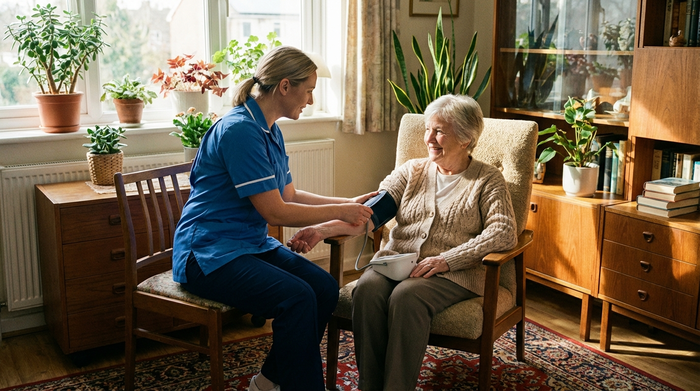 Eine professionelle Pflegekraft misst den Blutdruck einer Seniorin, die bequem in einem Sessel sitzt. Helles, freundliches Zimmer mit Zimmerpflanzen am Fenster.