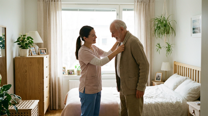 Eine freundliche Pflegekraft hilft einem älteren Herrn behutsam beim Anziehen einer Strickjacke im hellen Schlafzimmer. Die Szene wirkt ruhig und respektvoll, mit weichem Tageslicht.