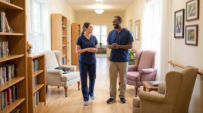 Zwei Pflegekräfte besprechen sich lächelnd im Flur einer gemütlichen Seniorenwohnung. Helle, saubere Umgebung, professionelles und vertrauensvolles Auftreten ohne sichtbare Namensschilder oder Text.