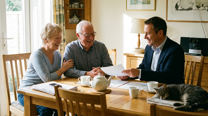 Ein älteres Ehepaar sitzt gemeinsam mit einer Beraterin am Esstisch und schaut entspannt auf einige Dokumente. Eine Tasse Tee steht bereit, die Stimmung ist erleichtert und positiv.