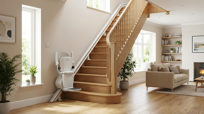 Ein moderner, weißer elektrischer Treppenlift an einer geschwungenen Holztreppe in einem gepflegten Einfamilienhaus. Die Umgebung ist hell und einladend, das Haus ist sauber und aufgeräumt.