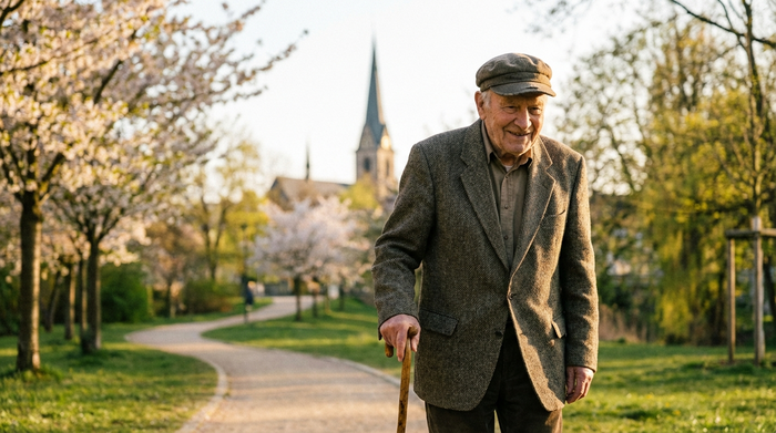 Ein älterer Herr spaziert entspannt mit einem Gehstock durch einen grünen Park in Zwickau an einem sonnigen Nachmittag. Im Hintergrund weiche, unscharfe Natur.