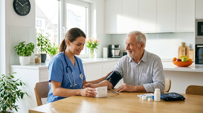 Eine professionell gekleidete Pflegekraft misst behutsam den Blutdruck eines lächelnden Seniors am Küchentisch. Helle, saubere Umgebung, medizinische Kompetenz ausstrahlend.