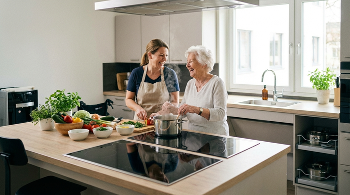Eine engagierte Betreuungskraft und eine ältere Dame kochen gemeinsam in einer modernen, barrierefreien Küche. Frisches Gemüse liegt auf dem Tisch, beide lachen fröhlich miteinander.