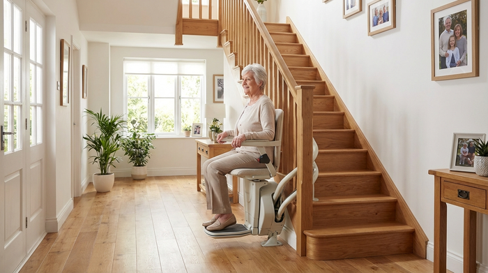 Ein moderner, sicherer Treppenlift in einem gepflegten Einfamilienhaus. Eine ältere Frau fährt sanft und entspannt die Holztreppe hinauf. Helles, freundliches Treppenhaus.