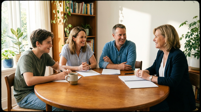 Eine Familie sitzt gemeinsam mit einer freundlichen Beraterin an einem runden Tisch und bespricht entspannt Dokumente. Eine Tasse Kaffee steht auf dem Tisch, die Atmosphäre ist harmonisch und vertrauensvoll.