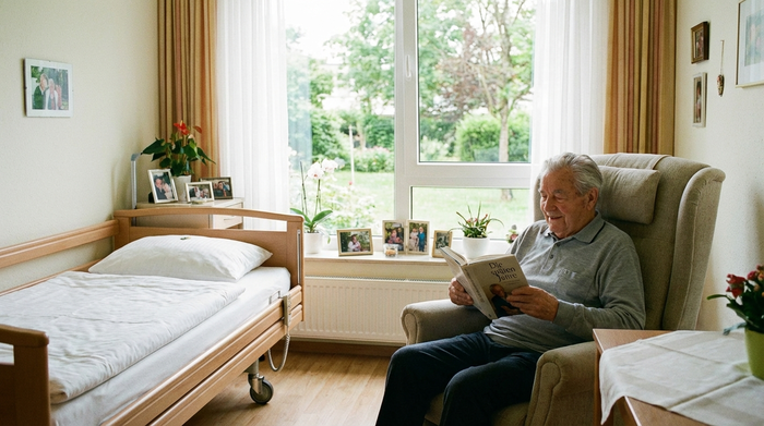 Ein älterer Herr mit grauem Haar sitzt entspannt in einem komfortablen Sessel in seinem hellen Pflegeheimzimmer und liest ein Buch. Im Hintergrund ist ein aufgeräumtes Bett und ein großes Fenster mit Blick ins Grüne zu sehen. Realistische, friedliche Szene.