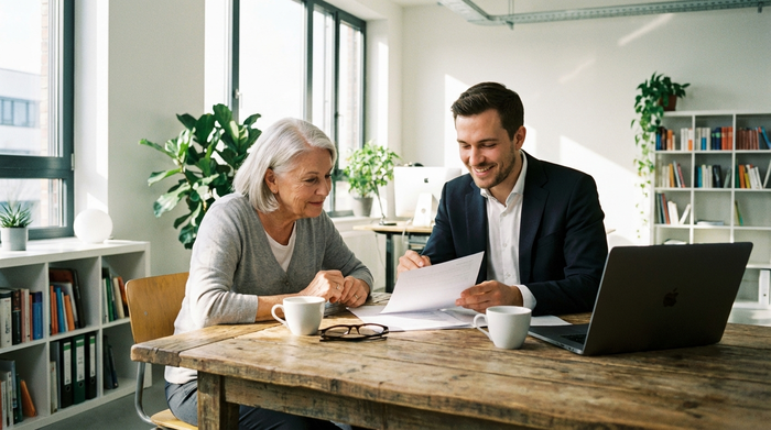 Eine ältere Dame und ein jüngerer Berater sitzen an einem Holztisch und betrachten gemeinsam aufmerksam einige Papiere. Der Berater erklärt freundlich die Details, während die Dame zustimmend nickt. Helles Büro, seriöse und unterstützende Stimmung.