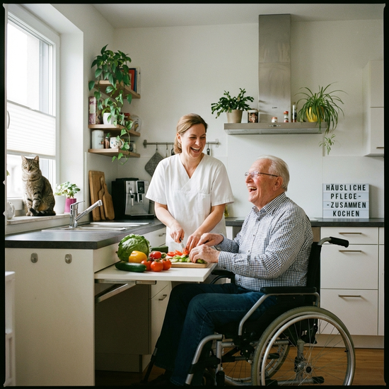 Eine Pflegekraft und ein Senior kochen gemeinsam in einer modernen, barrierefreien Küche. Beide lachen und schneiden frisches Gemüse. Entspannte, vertraute Situation in der häuslichen Betreuung.