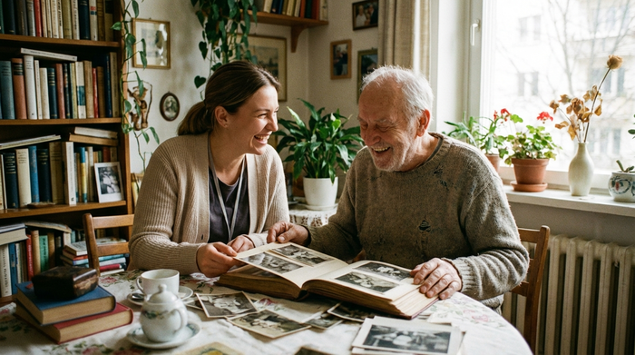 Eine freundliche Betreuungskraft sitzt gemeinsam mit einem älteren Mann am Esstisch in dessen privater Wohnung und blättert lachend durch ein altes Fotoalbum.