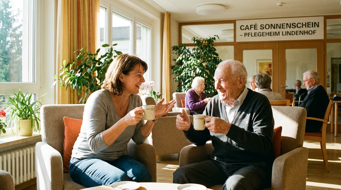 Eine Tochter und ihr älterer Vater sitzen entspannt bei einer Tasse Kaffee in einem hellen Besucherraum eines Pflegeheims und unterhalten sich angeregt.