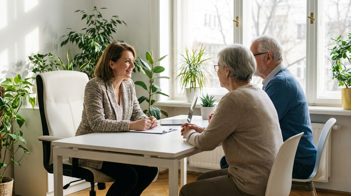 Eine freundliche Beraterin mittleren Alters sitzt an einem aufgeräumten Schreibtisch und spricht zugewandt mit einem älteren Ehepaar. Helles Büro, Pflanzen im Hintergrund, entspannte und vertrauensvolle Atmosphäre, professionelles Setting, keine Texte.