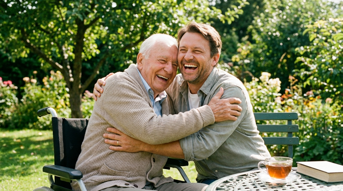 Ein erwachsener Sohn umarmt seinen pflegebedürftigen Vater liebevoll im Garten. Beide lachen befreit und glücklich. Sonniges Wetter, grüne Bäume im Hintergrund, emotionale und harmonische Szene, die Erleichterung ausstrahlt.