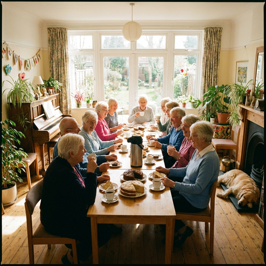 Eine Gruppe fröhlicher Senioren sitzt bei Kaffee und Kuchen in einem lichtdurchfluteten Gemeinschaftsraum.