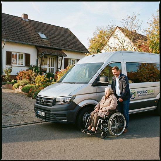Ein komfortabler, rollstuhlgerechter Kleinbus steht vor einem gepflegten Einfamilienhaus, ein Fahrer hilft einer älteren Dame freundlich beim Einsteigen.