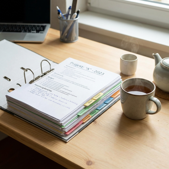 Ein offener Aktenordner mit fein säuberlich abgehefteten Unterlagen auf einem hellen Schreibtisch, daneben eine Tasse Tee.