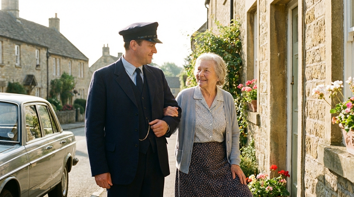 Ein zuvorkommender Fahrer reicht einer älteren Dame an ihrer Haustür hilfsbereit den Arm. Die Szene wirkt herzlich und vertrauensvoll an einem hellen, freundlichen Vormittag.