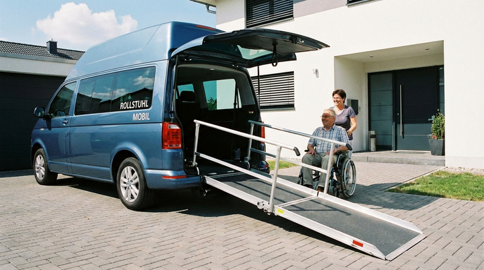 Ein speziell umgerüsteter, geräumiger Kleinbus mit einer flachen, ausgefahrenen Rollstuhlrampe am Heck. Das Fahrzeug steht sicher geparkt auf einer gepflasterten Auffahrt vor einem Wohnhaus.