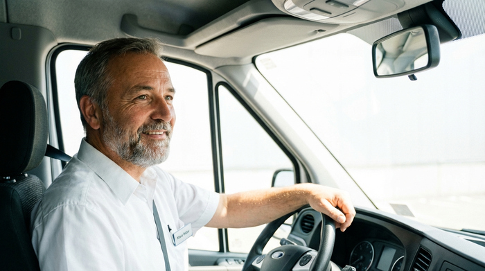 Eine Nahaufnahme eines lächelnden, vertrauenswürdigen Fahrers am Steuer eines Kleinbusses, der aufmerksam und ruhig in den Rückspiegel schaut. Das Fahrzeuginnere ist hell und sauber.