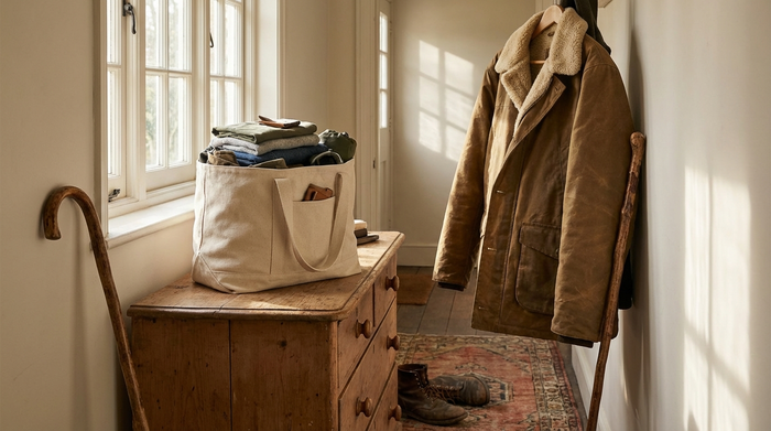 Eine ordentlich gepackte Stofftasche steht bereit auf einer Holzkommode im Flur, direkt neben einer warmen Jacke und einem hölzernen Gehstock. Weiches Morgenlicht fällt durch das Fenster.