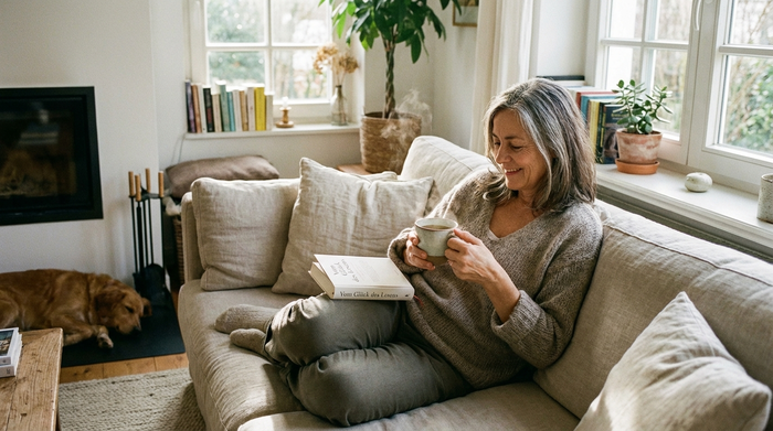 Eine entspannte Frau mittleren Alters sitzt mit einer Tasse Tee auf einem komfortablen Sofa und liest ein Buch. Friedliche, ruhige Wohnzimmeratmosphäre am Nachmittag.