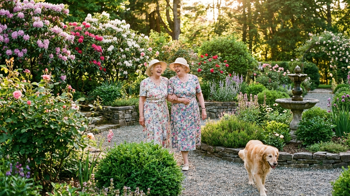 Zwei ältere Damen spazieren lachend Arm in Arm durch einen blühenden, sonnigen Garten. Gepflegte Wege, grüne Sträucher und eine harmonische Stimmung.