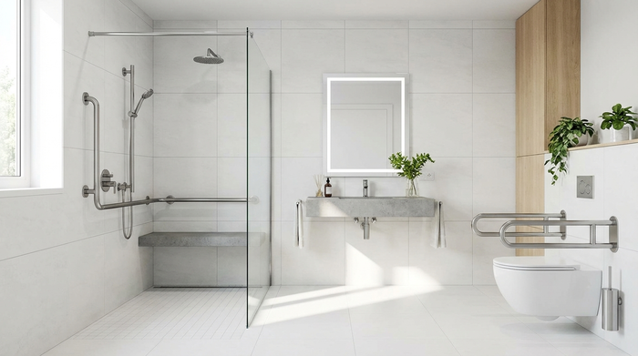 Ein blitzblankes, modernes Badezimmer mit einer barrierefreien, bodengleichen Dusche, stabilen Haltegriffen und hellen Fliesen.