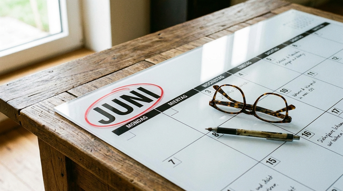 Ein großer, übersichtlicher Wandkalender, auf dem der Monat Juni deutlich markiert ist, daneben liegen eine Lesebrille und ein Stift auf einem Holztisch.